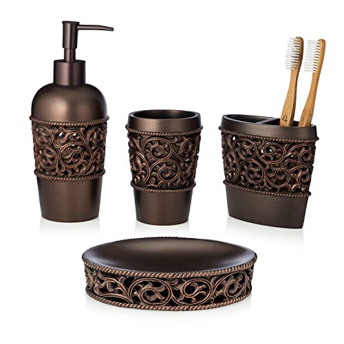 Product Cover EssentraHome 4-Piece Bronze Bathroom Accessory Set, Complete Set Includes: Toothbrush Holder, Lotion Dispenser, Tumbler and Soap Dish