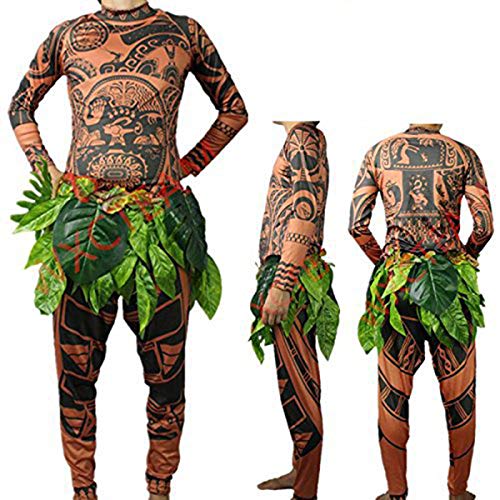 Product Cover Your Love Halloween Moana Maui Tattoo T Shirt/Pants Adult Mens Women Cosplay Costume with Leaves Skirt (L, for Adult)
