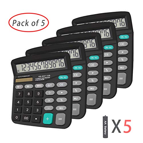 Product Cover Calculators, BESTWYA 12-Digit Dual Power Handheld Desktop Calculator with Large LCD Display Big Sensitive Button (Black, Pack of 5)
