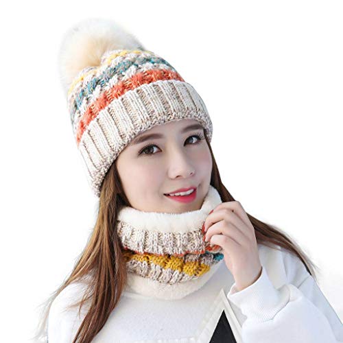 Product Cover Home Prefer Womens Fashion Winter Warm Knitted Scarf Hat Set Crochet Beanie Hats Neck Scarves Beige