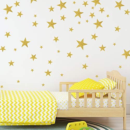 Product Cover Star Wall Decals with Gold Glitter Sparkling Wall Stickers Removable Home Decoration Easy to Peel & Stick Safe on Painted Walls DIY Vinyl Decor for Baby Kids Nursery Bedroom (Gold Stars 155 Decals)