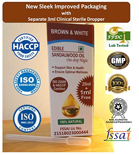 Product Cover Brown & White Edible Sandalwood Oil (One-drop MAGIC) with Carom, linseeds & Prunus dulcis extracts, 100% Veg - 25 ml