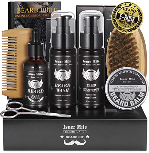 Product Cover Upgraded Beard Care Grooming Kit with Shampoo Wash, Conditioner, Oil, Balm Softener, Comb, Brush, Scissors, Trimming Template, Perfect Set Gifts for Men Him Boyfriend Dad for Beard Growth & Daily Care