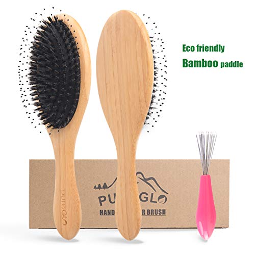 Product Cover Boar Bristle Hair Brush - pureGLO Natural Bamboo Paddle Detangling Hairbrush for Women Men and Kids - Reduce Frizz Prevent Breakage for Straight Curly Wavy Dry Wet Thick or Fine Hair