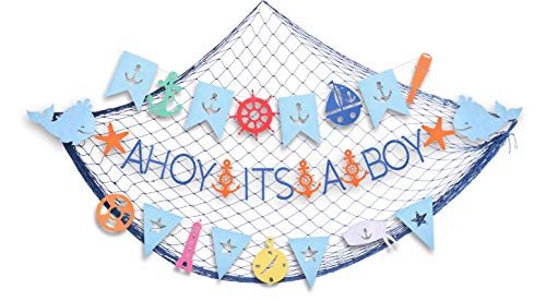Product Cover Ahoy It's a Boy Baby Shower Nautical Decorations for Boy | Nautical Its A Boy Nautical Theme Baby Shower for Baby Boy Party Decorations| Shaped Banners for Baby Shower | Nautical Themed Garland Party