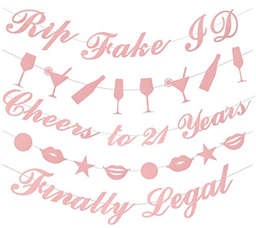 Product Cover 21st Birthday Decorations Party Supplies | 21st Birthday Decorations | Pack of Unique 5 Banners - 'Rip Fake ID - 'Cheers to 21 Years - 'Finally Legal' and 2 Banners with Funky Shapes (Pink) (Pink)