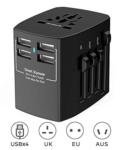 Product Cover Xcentz Universal Travel Adapter, 4 USB Ports 4.8A Worldwide Travel Charger Travel Socket, 2000W High Power All in One Travel Adapter for USA EU UK AUS European Cell Phone Tablet Laptop