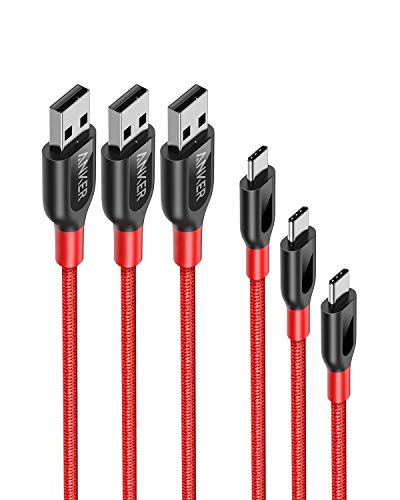 Product Cover USB Type C Cable, Anker [3-Pack] Powerline+ USB-C to USB-A, Double-Braided Nylon Fast Charging Cable, for Samsung Galaxy S10/ S9 /S9+ /S8, MacBook and More(Red)(3ft+6ft+10ft)