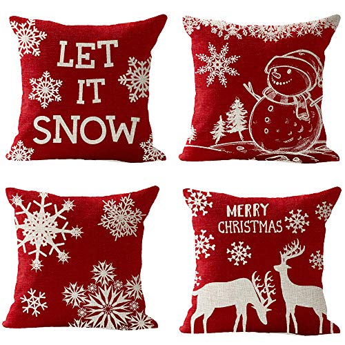 Product Cover 4 Pack, Happy Winter Red Snowflake Let It Snow Snowman Christmas Tree Animal Elk Merry Cotton Linen Square Throw Waist Pillow Case Decorative Cushion Cover Pillowcase Sofa 18