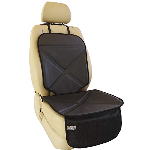 Product Cover Viaviat Car Seat Protector Leather Waterproof Child Safety Seat Protector Cover with Thick Pad and 2 Large Pockets Durable Kick Mat for All Auto Seat