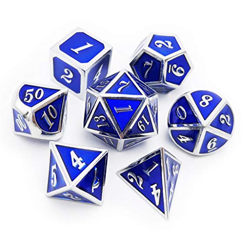 Product Cover Haxtec Metal Dice Set 7 Die Silver Navy Blue D&D Dice D20 D12 D10 D8 D6 D4 for Dungeons and Dragons Table Games-Glossy Enamel Dice (Silver Navy Blue)