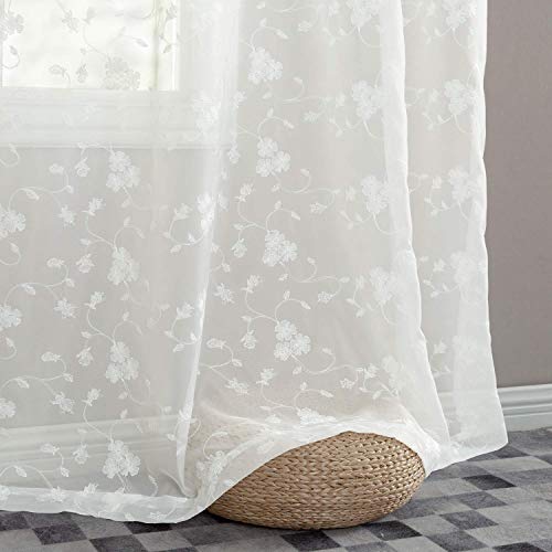 Product Cover White Sheer Curtains for Living Room Floral Embroidery 72 inch Long Rustic Voile Window Curtain Drpaes for Bedroom Rod Pocket 2 Panels