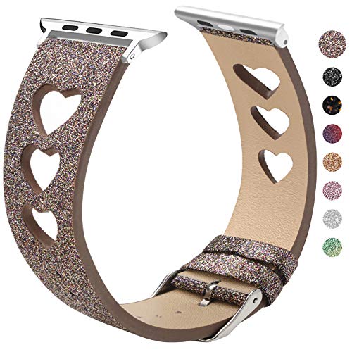 Product Cover EurCross Glitter Heart Band Compatible with Apple iWatch Band 42mm 44mm, Bling Leather Women Girl Replacement Wristband Compatible with iWatch Series 5 Series 4 Series 3 Series 2 Series 1, Coffee