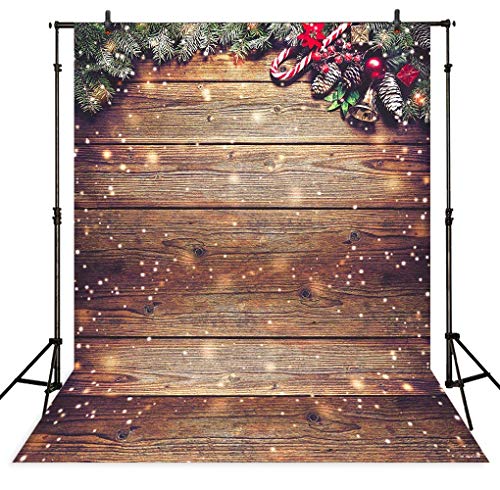 Product Cover Allenjoy 5X7FT Snowflake Gold Glitter Christmas Wood Wall Photography Backdrop Xmas Rustic Barn Vintage Wooden Floor Background for Kids Portrait Photo Studio Booth Photobooth Photographer Props