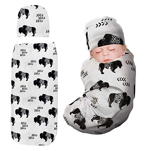 Product Cover TIANNUOFA Newborn Swaddle Blanket with Beanie Set,Soft Stretchy Cocoon Sack for 0-3 Months Baby Boys and Girls(Ink Cattle)