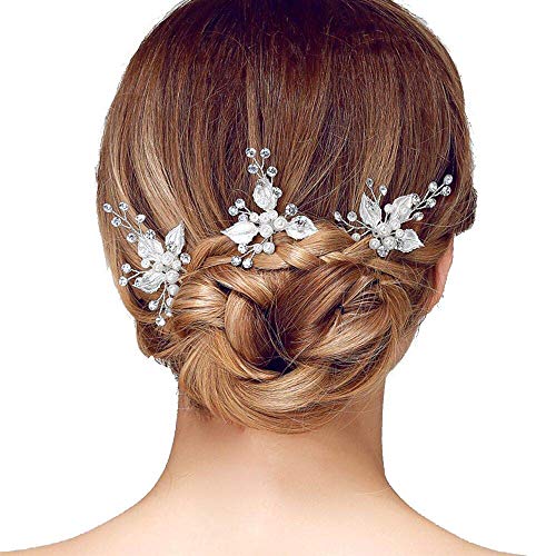 Product Cover Sppry Wedding Hair Pins (3 Pcs) - Elegant Pearl Leaf Crystal Hair Accessories for Bridal Women (Silver)