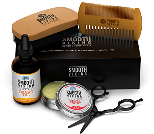Product Cover Smooth Viking- Beard Care Gift Set for Men - Natural Beard Brush and Comb, Quality Stainless Steel Trimming Scissors, Moisturizing Beard Oil and Taming Beard Balm