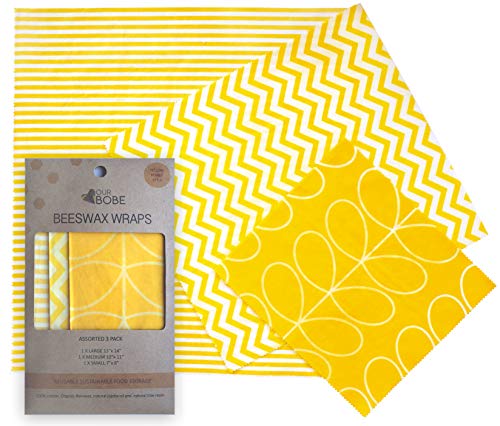 Product Cover Organic Beeswax Food Wraps by OurBobe - Eco Friendly Plastic Free Food Storage | Assorted 3-Pack of Reusable Wraps: Small, Medium, and Large.