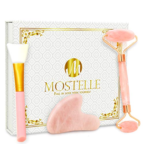 Product Cover Rose Quartz Roller for Face, Gua Sha Facial Massager & Facial Mask Brush Tools Set - Anti Aging, Eye Puffiness, Neck Slimming Skin Care Tool - Durable & Natural Jade Roller Alternative by Mostelle