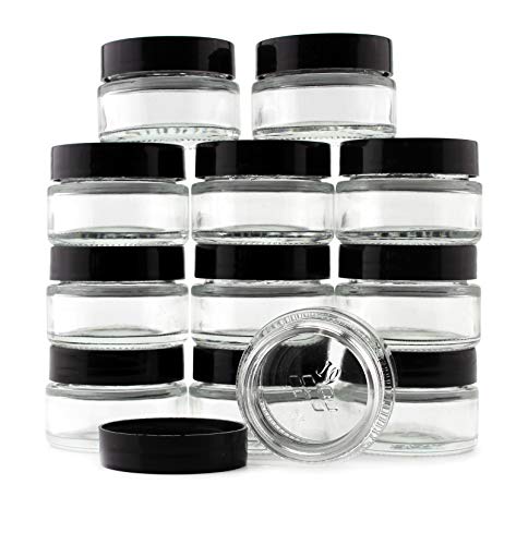Product Cover 15-Milliliter Clear Glass Balm Jars (12-Pack); 1/2 oz Cosmetic Jars with Lined Black Plastic Lids