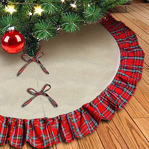 Product Cover kingleder Natural Burlap Christmas Tree Skirt,48 Inch Large Double Layers Linen Burlap Xmas Tree Mat with Red Black Plaid Ruffle Edge for Christmas Holiday Decoration 2019 Gift Giving