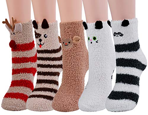 Product Cover Christmas Socks,Aniwon 5-Pair Xmas Fuzzy Cozy Slipper Socks Winter Warm Thick Home Socks For Women Girls