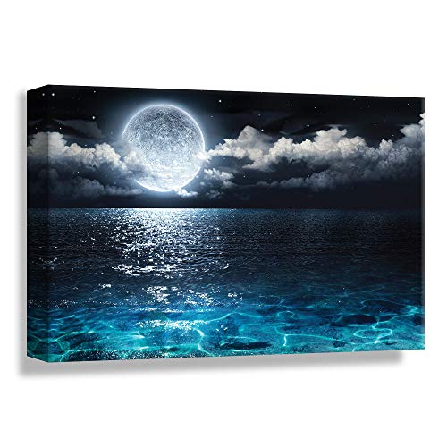 Product Cover NWT Canvas Wall Art Blue Ocean Under Moonlight Calmful Heart Painting Artwork for Home Prints Framed - 24x36 inches