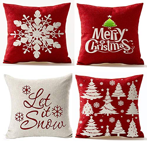 Product Cover Andreannie Set of 4,Merry Let It Snow Snowflake Red Cotton Linen Decorative Throw Pillow Cover Cushion Case for Home Sofa Square 18 Inches