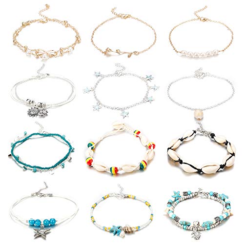 Product Cover Finrezio 12PCS Anklets for Women Girls Blue Starfish Turtle Elephant Charm Ankle Bracelets Multilayer Gold Silver Plated Foot Jewelry Handmade