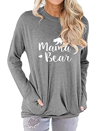 Product Cover Nlife Women Mama Bear Shirt for Women Long Sleeves Loose Fit Casual Pullover Pocket Grey