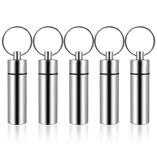 Product Cover 5pcs Aluminum Waterproof Pill Holder, Portable Pill Organizers Box with Keychains, Mini First Aid Drug Storage Holder Container for Daily Use and Outdoor Camping Travel (Silver)