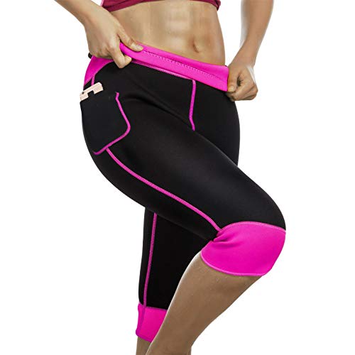 Product Cover Womens Weight Loss Hot Neoprene Sauna Sweat Pants with Side Pocket Workout Thighs Slimming Capris Leggings Body Shaper (Black-Pink, L)
