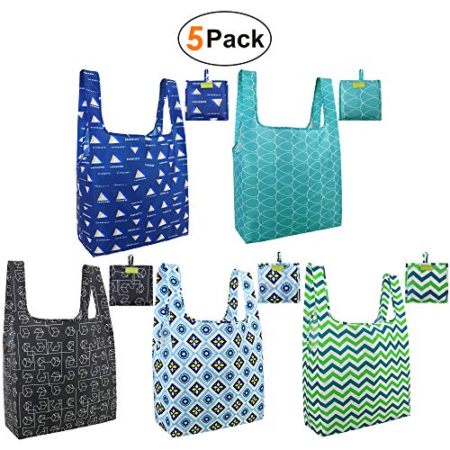 Product Cover Grocery-Totes-Bags-Shopping-Reusable-Bags 5 Pack with Pouch Grocery Bags Cloth Reusable Bags Ripstop Washable Foldable Bag Large Durable Lightweight green black teal blue navy