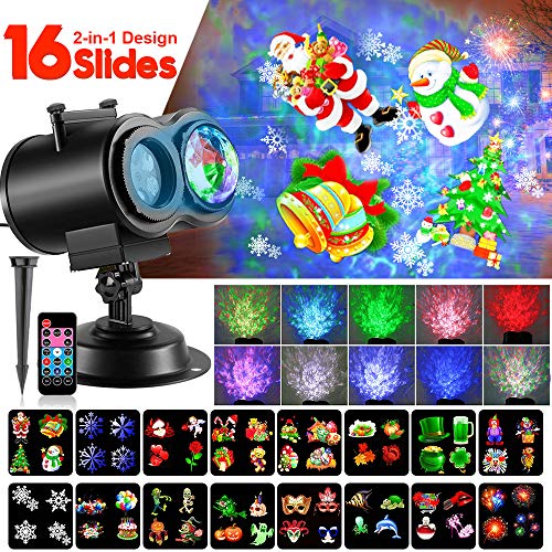 Product Cover Christmas LED Projector Lights, 2-in-1 Remote Control Ocean Wave with Moving Patterns Holiday Light, Waterproof Outdoor Indoor for Xmas Party Yard Garden Halloween Decoration, 12 Slides 10 Colors