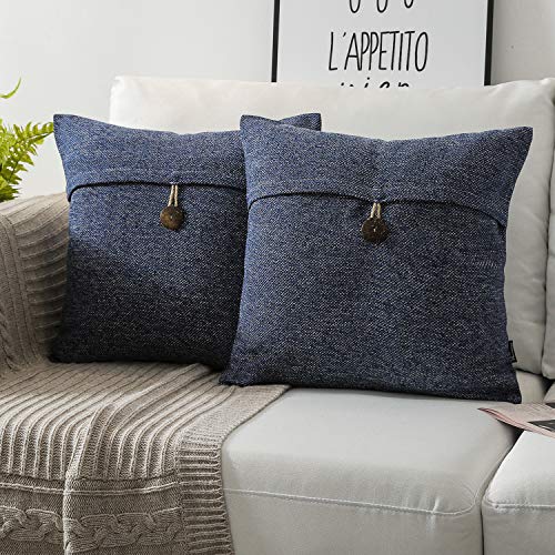 Product Cover Phantoscope Pack of 2 Farmhouse Throw Pillow Covers Button Vintage Linen Decorative Pillow Cases for Couch Bed and Chair Navy Blue 20 x 20 inches 50 x 50 cm