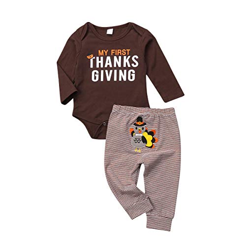 Product Cover My First Thanksgiving Baby Boy Girl Outfit Cotton Long Sleeve Romper+Striped Turkey Pants 2Pcs Set