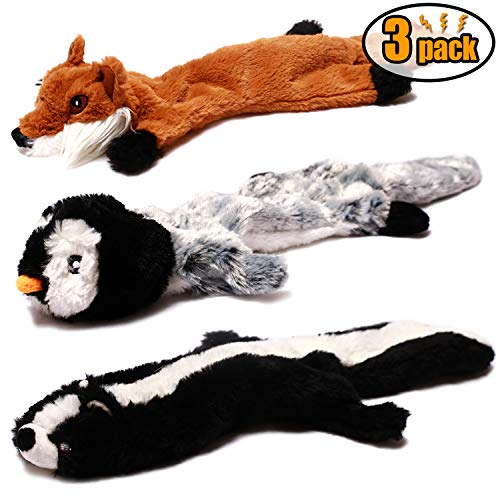 Product Cover CNIMGBB No Stuffing Dog Toys with Squeakers, Durable Stuffingless Plush Squeaky Dog Chew Toy Set,Crinkle Dog Toy for Medium and Large Dogs（Squirrel Raccoon Fox Skunk and Penguin） (3 Pack)
