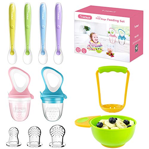 Product Cover Food Feeder Baby Fresh Fruit Feeder (2 Pack) with 3 Different Sized Silicone Pacifiers, Mash and Serve Bowl with 4 Soft-Tip Silicone Baby Spoons, Perfect Baby First Stage Feeding Set by MICHEF