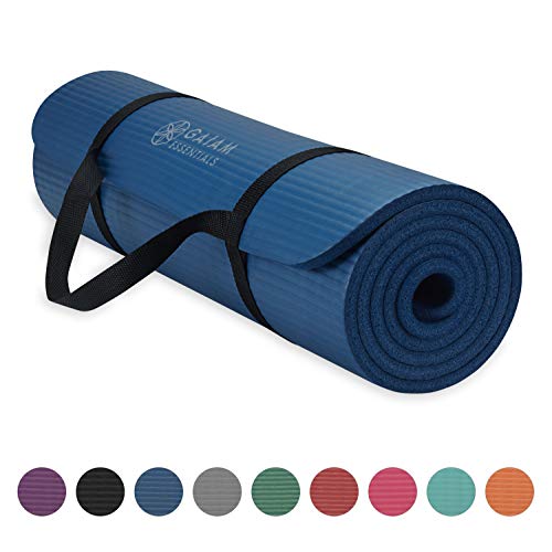 Product Cover Gaiam Essentials Thick Yoga Mat Fitness & Exercise Mat with Easy-Cinch Yoga Mat Carrier Strap, Navy, 72