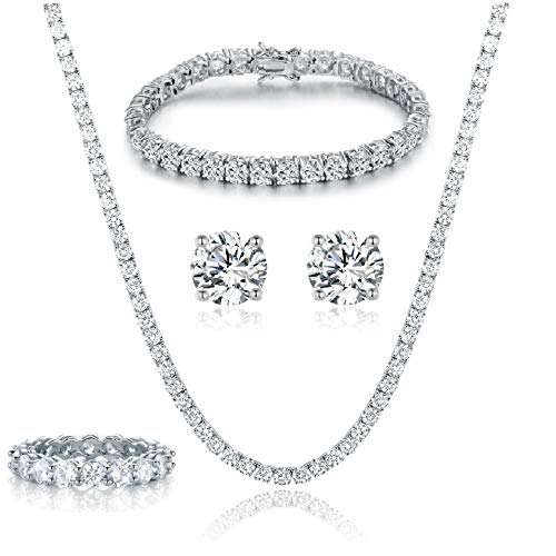 Product Cover GEMSME 18K White Gold Plated Tennis Necklace/Bracelet/Earrings/Band Ring Sets Pack of 4
