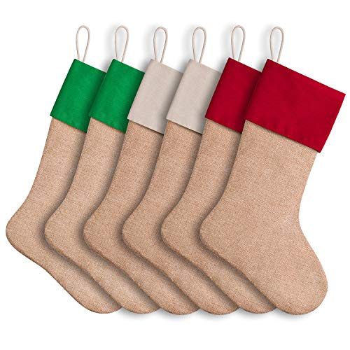 Product Cover favide 16 Inches Christmas Burlap Stockings Xmas Fireplace Hanging Stockings for Christmas Decoration DIY, Pack of 6 （Red, Green, White）