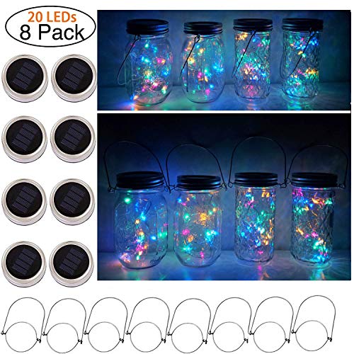 Product Cover Cynzia Solar Mason Jar Lid Lights, 8 Pack 20 LED Waterproof Fairy Star Firefly String Lights with 8 Hangers (Jar Not Included), for Mason Jar Lantern Table Garden Wedding Party Decor (4 Colors)