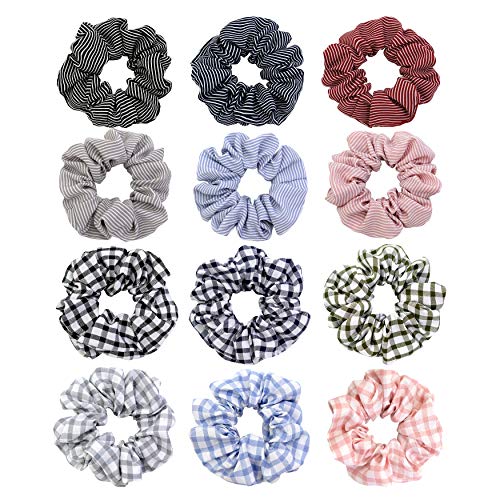 Product Cover Chloven 12 Pack Stripe Cotton Scrunchies Plaid Hair Elastics Scrunchies Gingham Checked Scrunchy Hair Bands Ties for Women Girls
