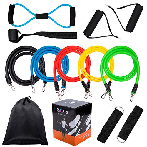 Product Cover Fitness Resistance Band Set,5Pcs Stackable Latex Workout Pull Bands,8 Type Latex Resistance Tube,Ankle Straps,Door Anchor,Handles and Carrying Case-For Resistance Training,Home Workouts,Yoga,Pilates