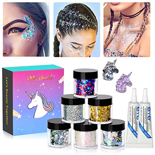 Product Cover Body Glitter by iMethod - 6 Jars Face Glitter, including Fine Glitter & Chunky Glitter, Holographic Glitter for Festival Makeup, Perfect for Mardi Gras and Coachella