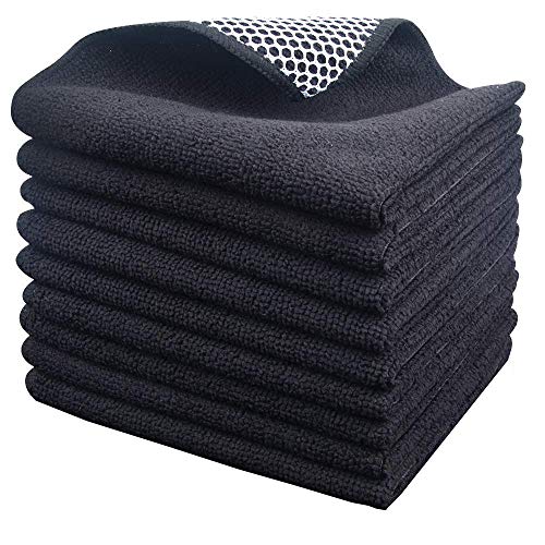 Product Cover KinHwa Microfiber Dish Cloths Super Absorbent Kitchen Wash Cloth Dish Rags for Washing Dishes Fast Drying Cleaning Cloth with Scrub Side (Blackx9, 12inchx12inch)