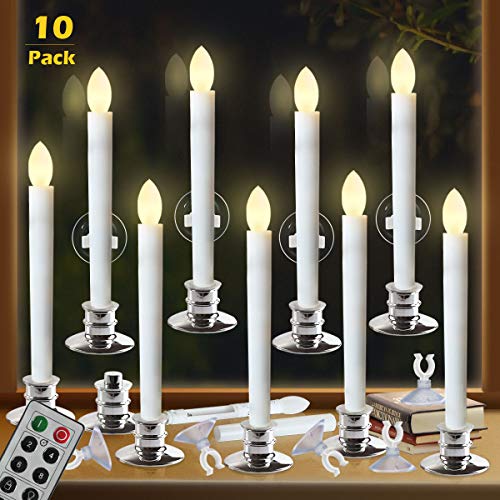 Product Cover Window Candles with Remote Timers Battery Operated Flickering Flameless Led Electric Candle Lights with 10pcs Silver Base and 10pcs Suction Cups Taper Candle Holder for Christmas Decorations
