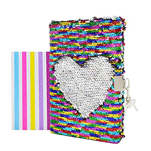 Product Cover VIPbuy Magic Reversible Sequin Notebook Diary Lined Travel Journal with Lock and Key for Kids Girls, Size A5 (8.5