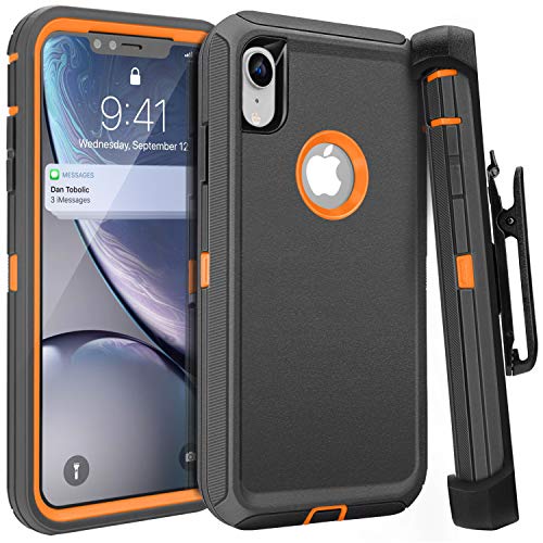 Product Cover FOGEEK iPhone XR Case, Belt Clip Holster Heavy Duty Kickstand Protective Cover [Dust-Proof] [Shockproof] Compatible for Apple iPhone XR [6.1 inch] (Dark Grey/Orange)