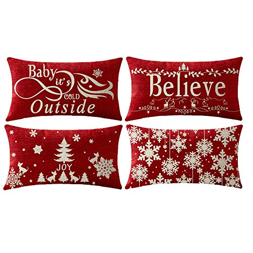 Product Cover NIDITW Set of 4 Happy Holiday Baby Its Cold Outside Believe Snowflakes Cotton Linen Throw Pillowcase Cushion Cover Sofa Chair Decorative Rectangle 12x20 Inches
